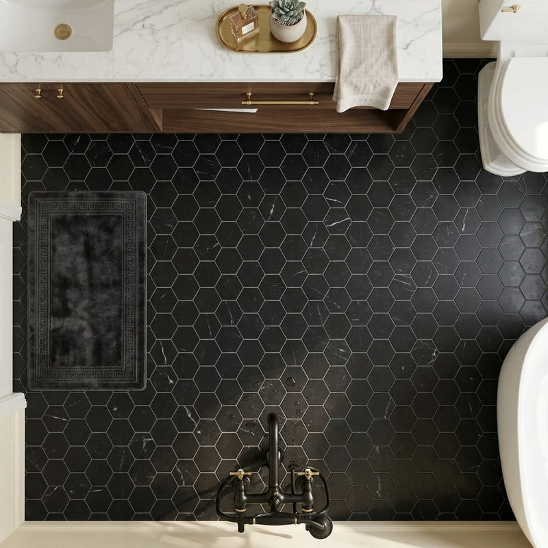 Hexagon Marquina 2x2 Honed Marble Mosaic — Bathroom floor