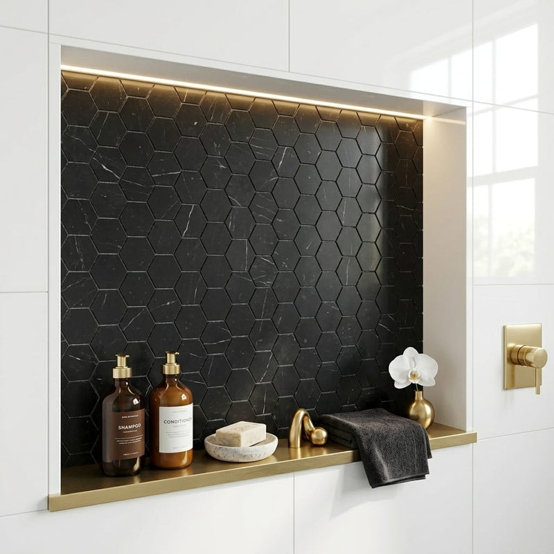 Hexagon Marquina 2x2 Honed Marble Mosaic — Bathroom niche