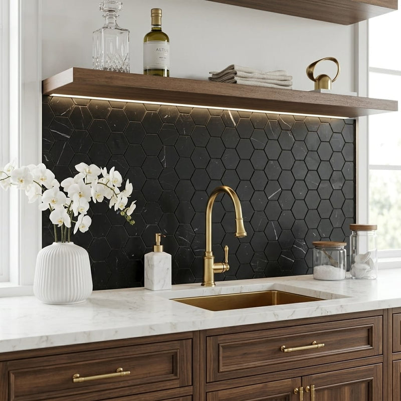 Hexagon Marquina 2x2 Honed Marble Mosaic — Kitchen backsplash