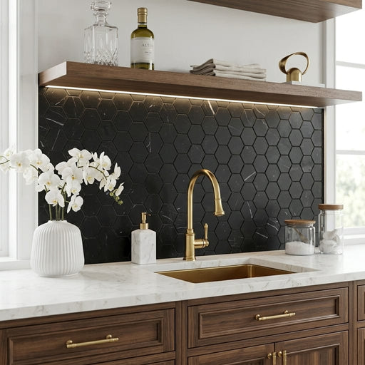 Hexagon Marquina 2x2 Honed Marble Mosaic — Kitchen backsplash
