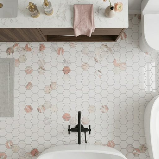 Hexagon Rose 2x2 Polished Marble Mosaic — Bathroom floor