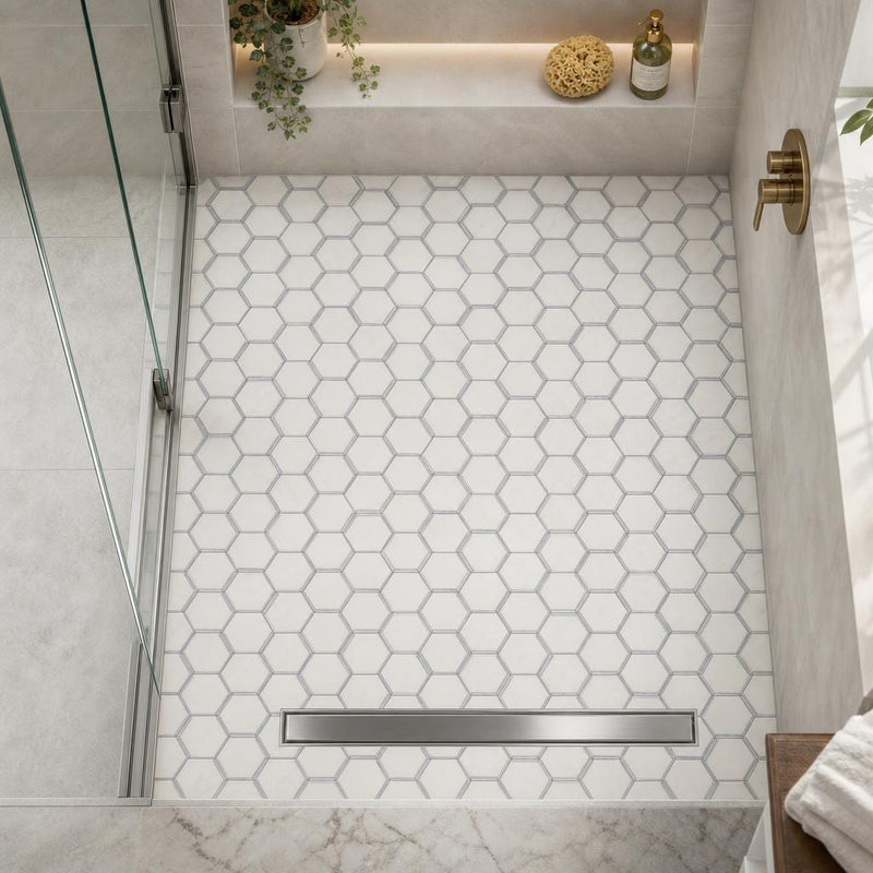 Hexagon Royal Sky 3.5x3.5 Polished Marble Mosaic — Bathroom shower floor