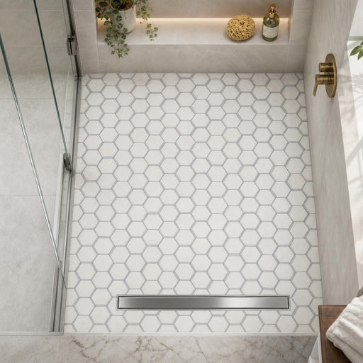 Hexagon Royal Sky 3.5x3.5 Polished Marble Mosaic — Bathroom shower floor