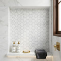 Hexagon Snow White 2x2 Honed Marble Mosaic — Bathroom niche