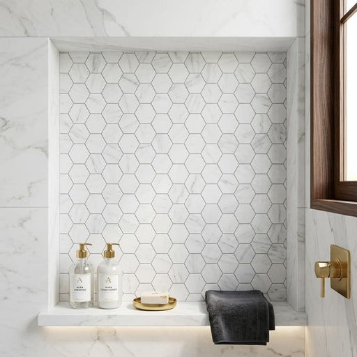 Hexagon Snow White 2x2 Honed Marble Mosaic — Bathroom niche