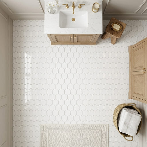 Hexagon Thassos 3x3 Polished Marble Mosaic — Bathroom floor