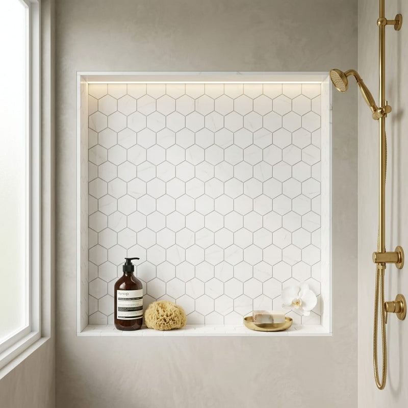 Hexagon Thassos 3x3 Polished Marble Mosaic — Bathroom niche