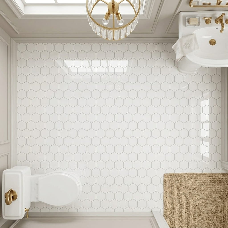 Hexagon Thassos 3x3 Polished Marble Mosaic — Powder Room floor