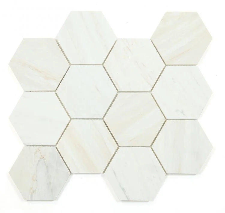 Hexagon Wooden White 4x4 Honed Wood Grain Mosaic