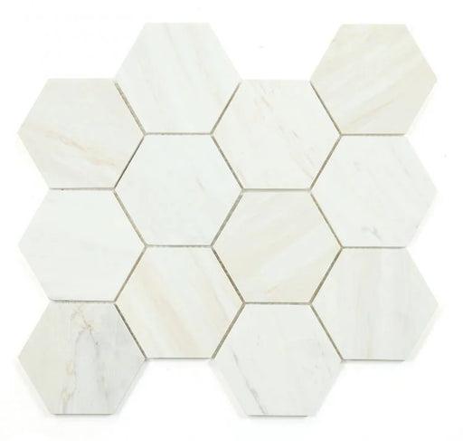 Hexagon Wooden White 4x4 Honed Wood Grain Mosaic