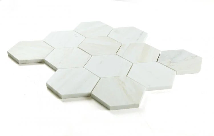 Hexagon Wooden White 4x4 Honed Wood Grain Mosaic
