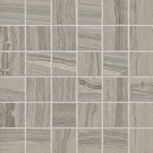 Highland Greige honed marble mosaic with 2x2 square tiles on a 12x12 sheet, featuring natural greige tones and linear veining.