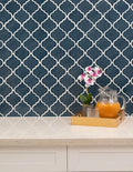 Highland Park Bay Blue Arabesque Pattern Glossy Ceramic Mosaic Tile