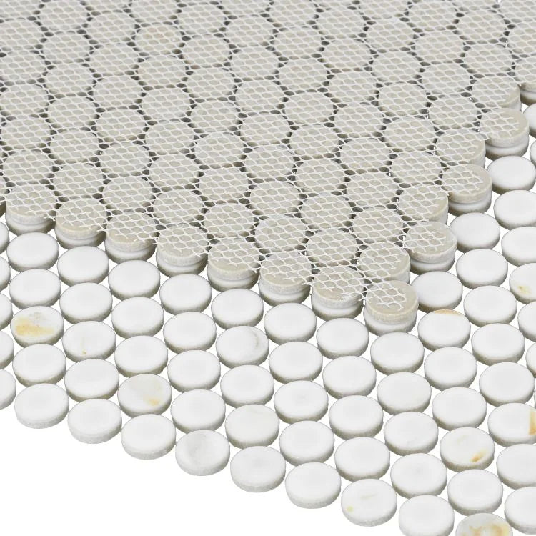 Hulu Calacatta 1x1 Penny Round Matte Marble Look Porcelain Mosaic