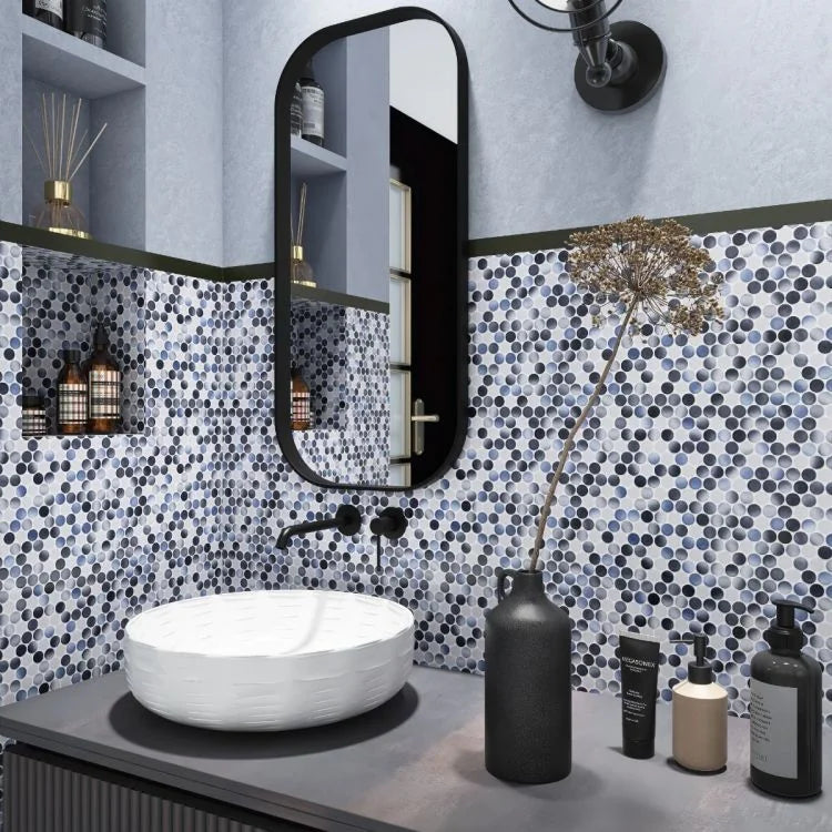 Hulu Gradient Grey 1x1 Penny Round Glossy Porcelain Mosaic