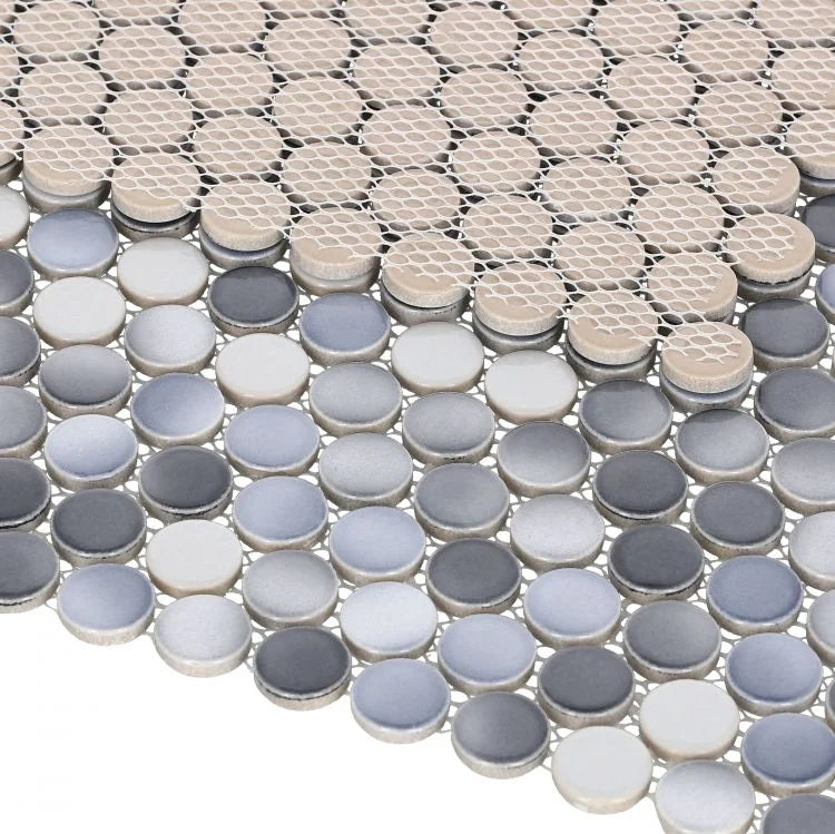 Hulu Gradient Grey 1x1 Penny Round Glossy Porcelain Mosaic