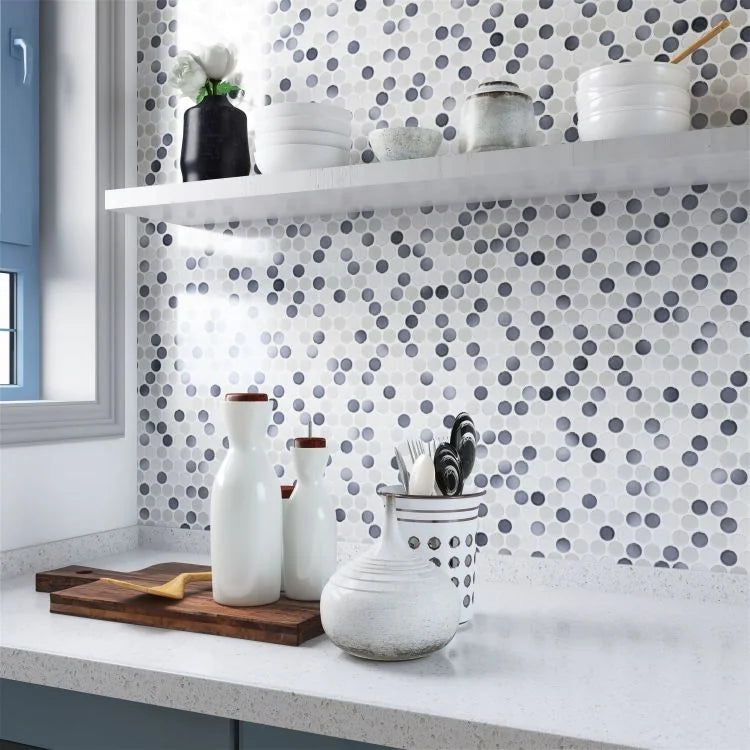 Hulu Mixed Grey 1x1 Penny Round Glossy Porcelain Mosaic