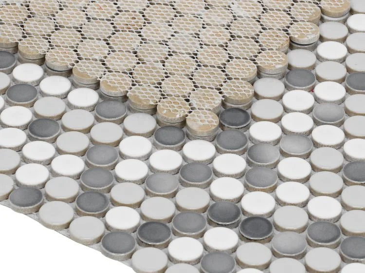Hulu Mixed Grey 1x1 Penny Round Glossy Porcelain Mosaic