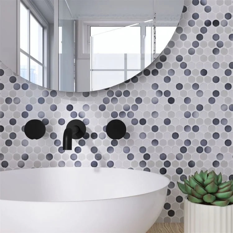 Hulu Mixed Grey 1x1 Penny Round Glossy Porcelain Mosaic