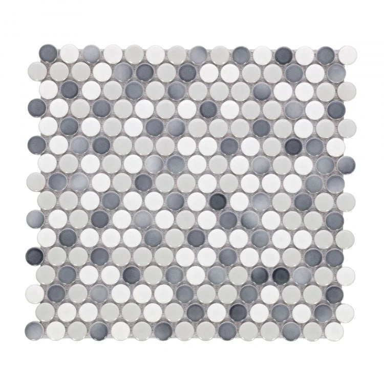 Hulu Mixed Grey 1x1 Penny Round Glossy Porcelain Mosaic