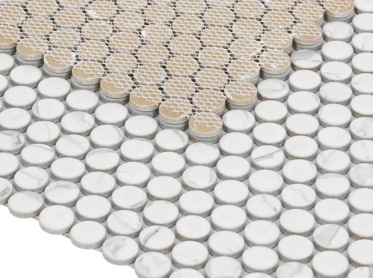 Floop Round Matt Hulu Statuario Penny Round Matte Marble Mosaic — Solidshape