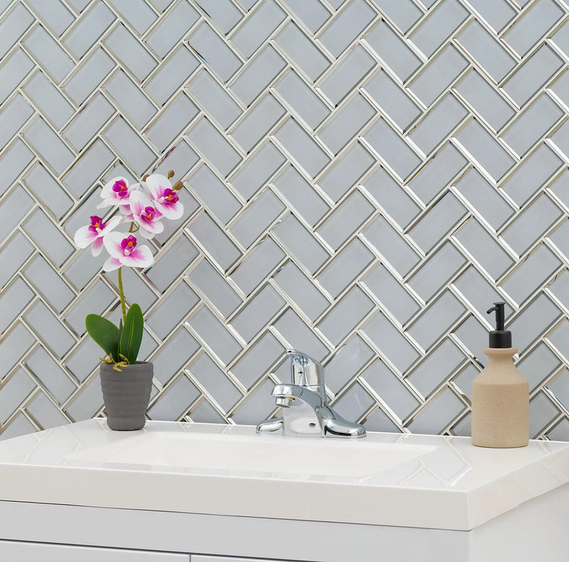 Ice Bevel Herringbone Pattern Glossy Glass Mosaic Tile