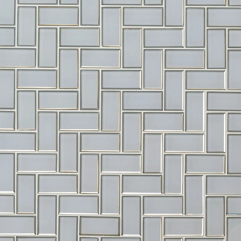 Ice Bevel Herringbone Pattern Glossy Glass Mosaic Tile