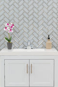 Ice Bevel Herringbone Pattern Glossy Glass Mosaic Tile