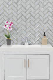 Ice Bevel Herringbone Pattern Glossy Glass Mosaic Tile
