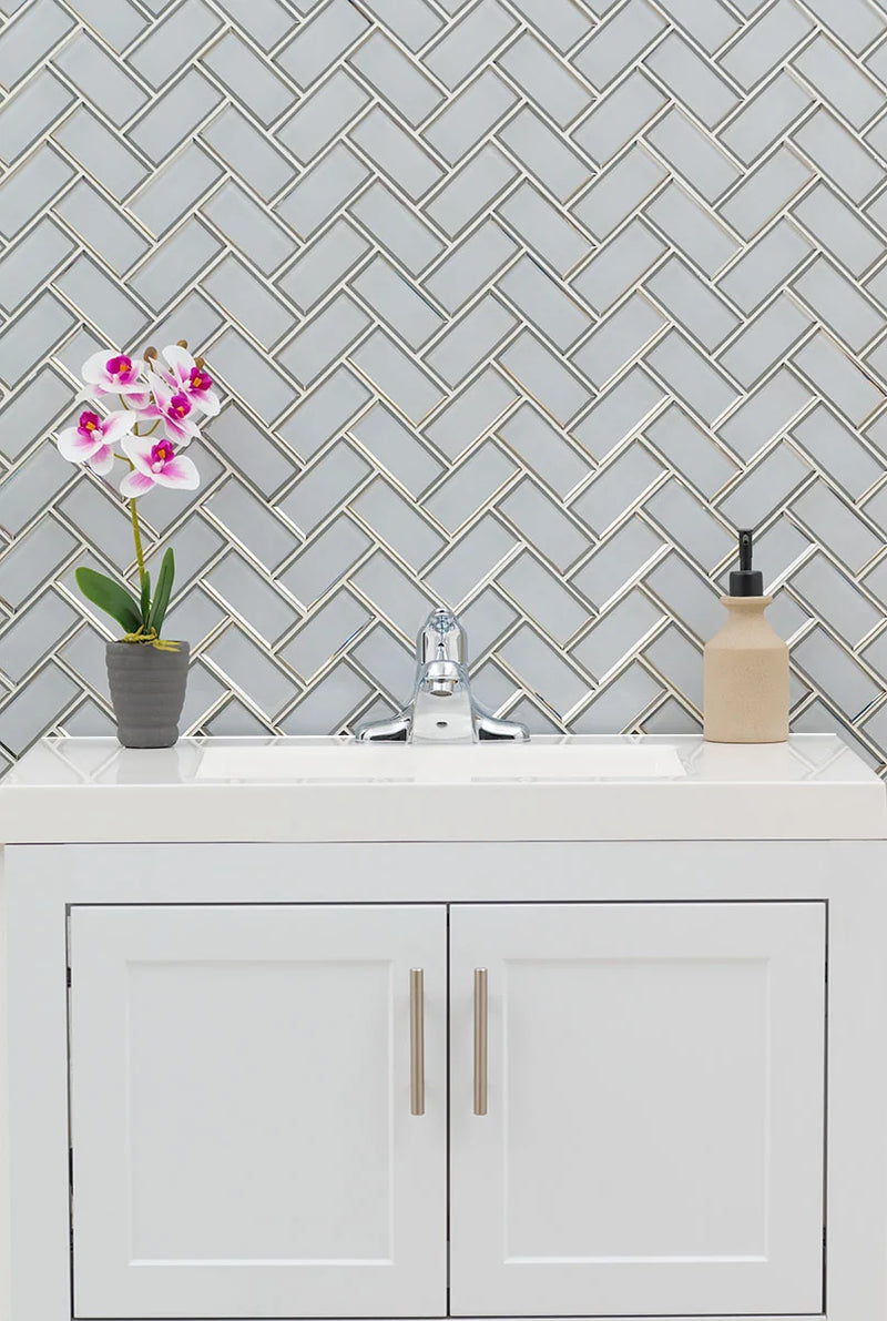 Ice Bevel Herringbone Pattern Glossy Glass Mosaic Tile
