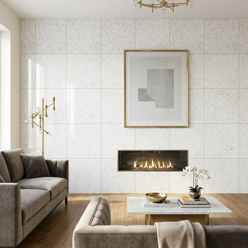 Iceberg 24x24x1/2 Polished Marble Tile — Living Room feature wall