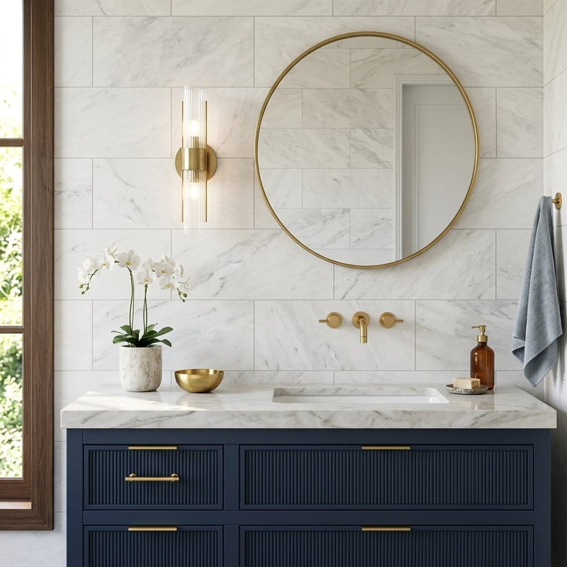 Iceberg White 12x24 Brushed Marble Tile — Bathroom vanity wall
