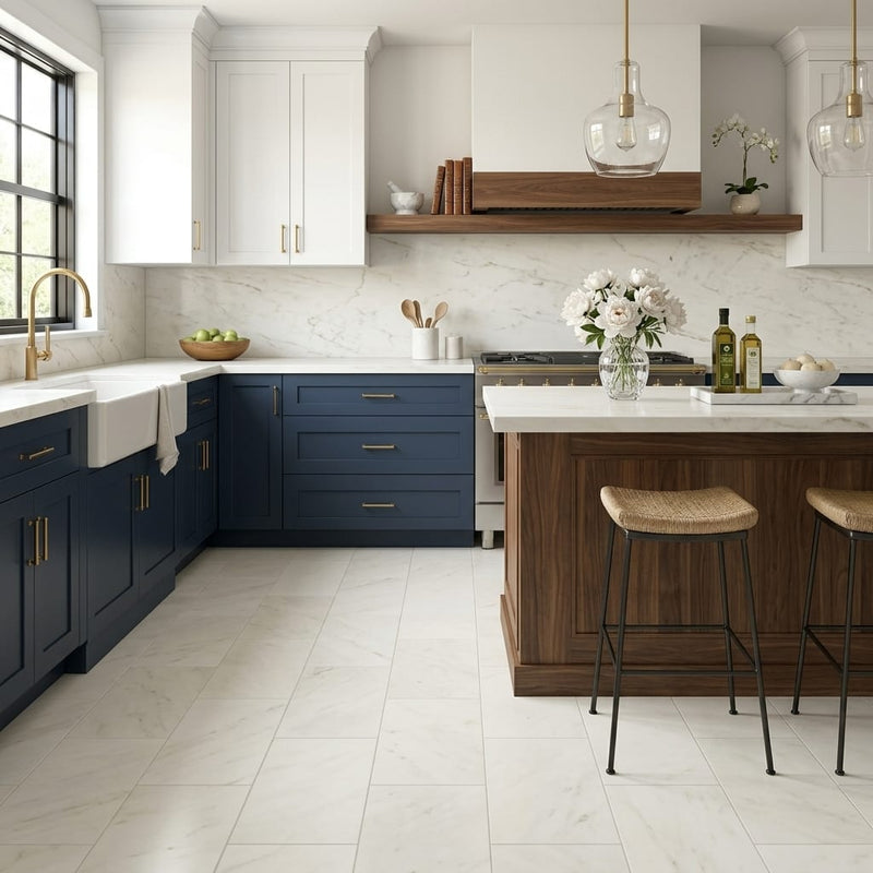 Iceberg White 12x24 Brushed Marble Tile — Kitchen floor