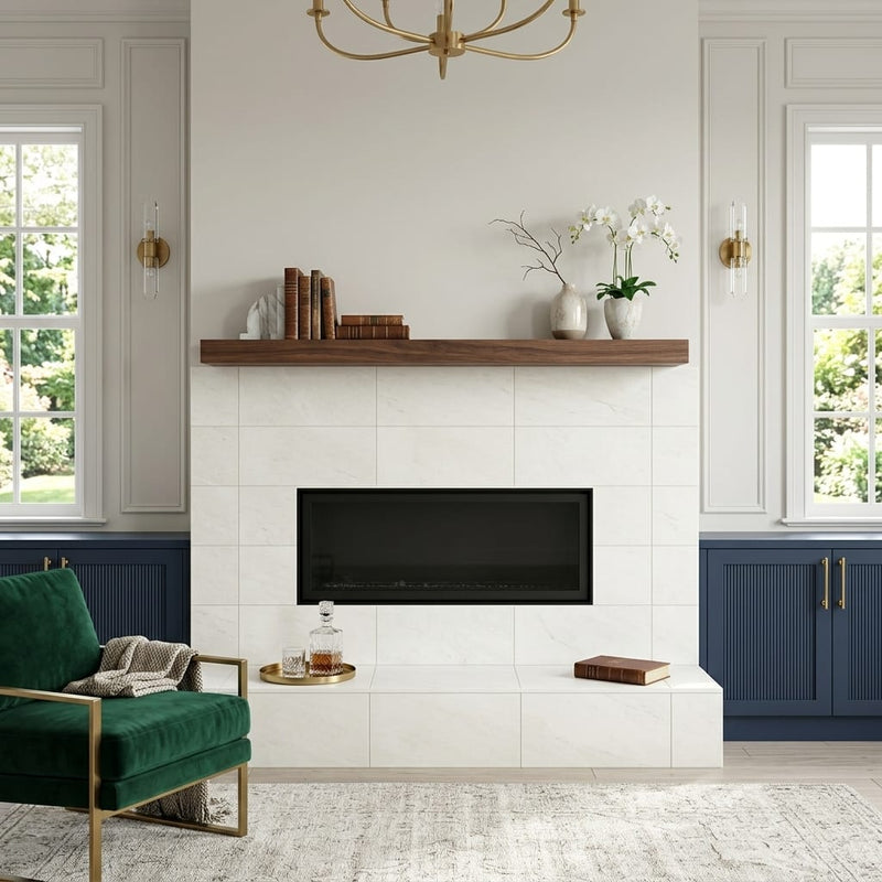 Iceberg White 12x24 Brushed Marble Tile — Living Room fireplace surround