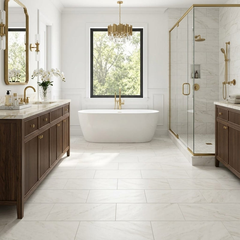 Iceberg White 12x24 Brushed Marble Tile — Primary Bath floor
