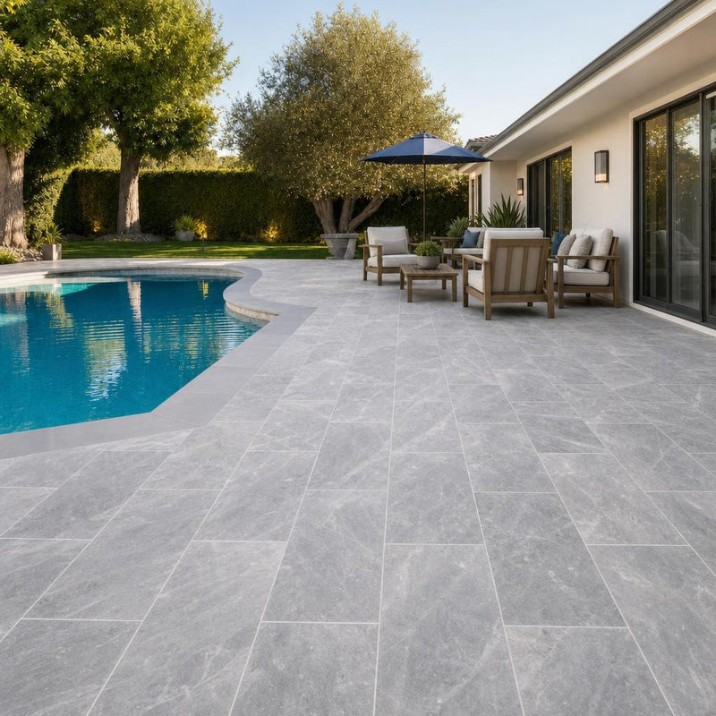 Icelandic Blue Sky 12x24 Sandblasted & Brushed Marble Paver — Backyard pool deck