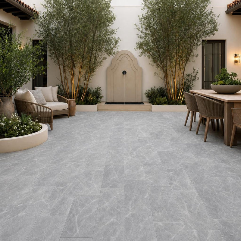 Icelandic Blue Sky 12x24 Sandblasted & Brushed Marble Paver — Courtyard paving
