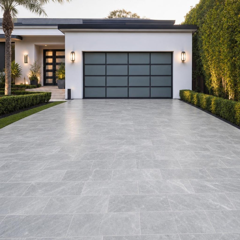 Icelandic Blue Sky 12x24 Sandblasted & Brushed Marble Paver — Front Yard driveway