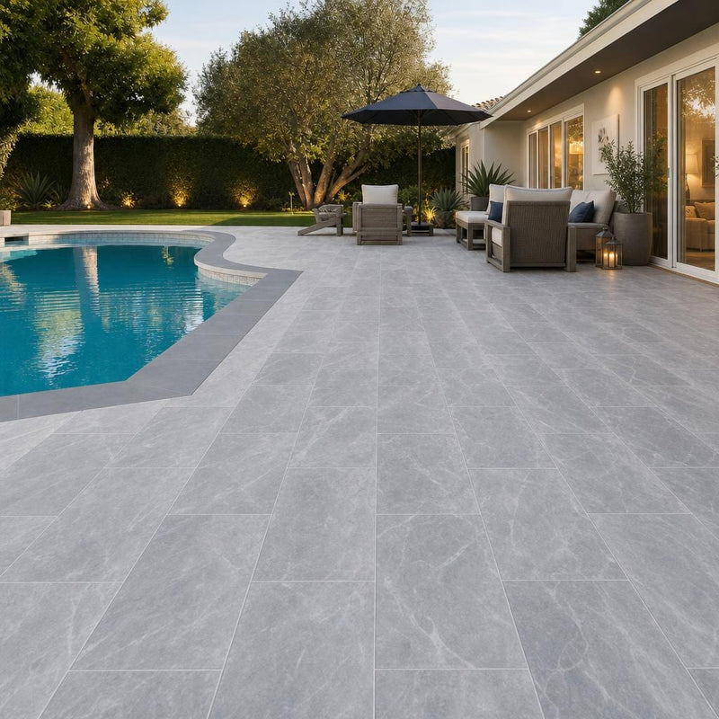 Icelandic Blue Sky 16x24 Sandblasted & Brushed Marble Paver — Backyard pool deck