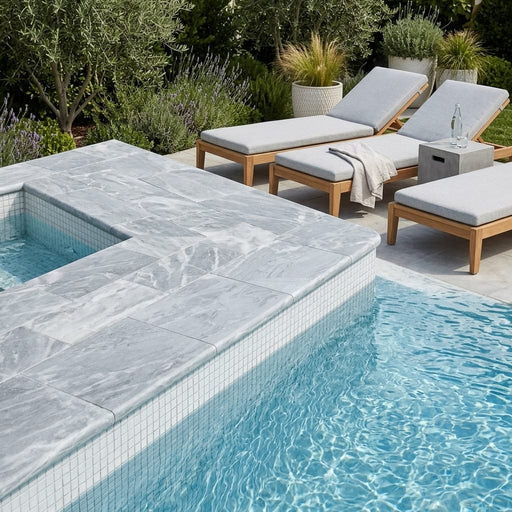 Icelandic Blue Sky 16x24x2 Tumbled Marble Single Bullnose Pool Coping — Swimming Pool pool edge drop-face coping