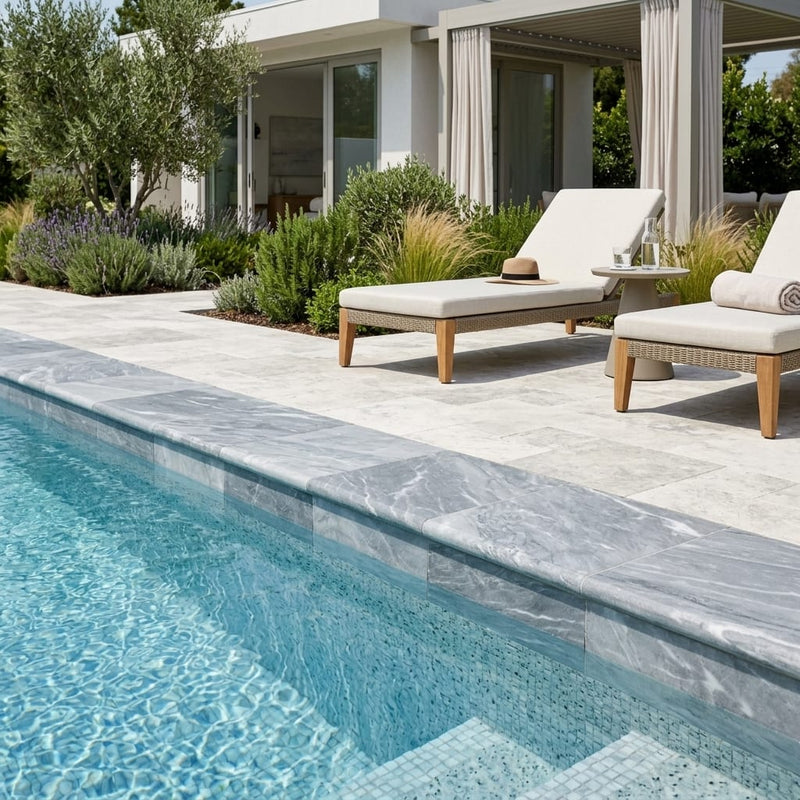 Icelandic Blue Sky 16x24x2 Tumbled Marble Single Bullnose Pool Coping — Swimming Pool remodel pool edge