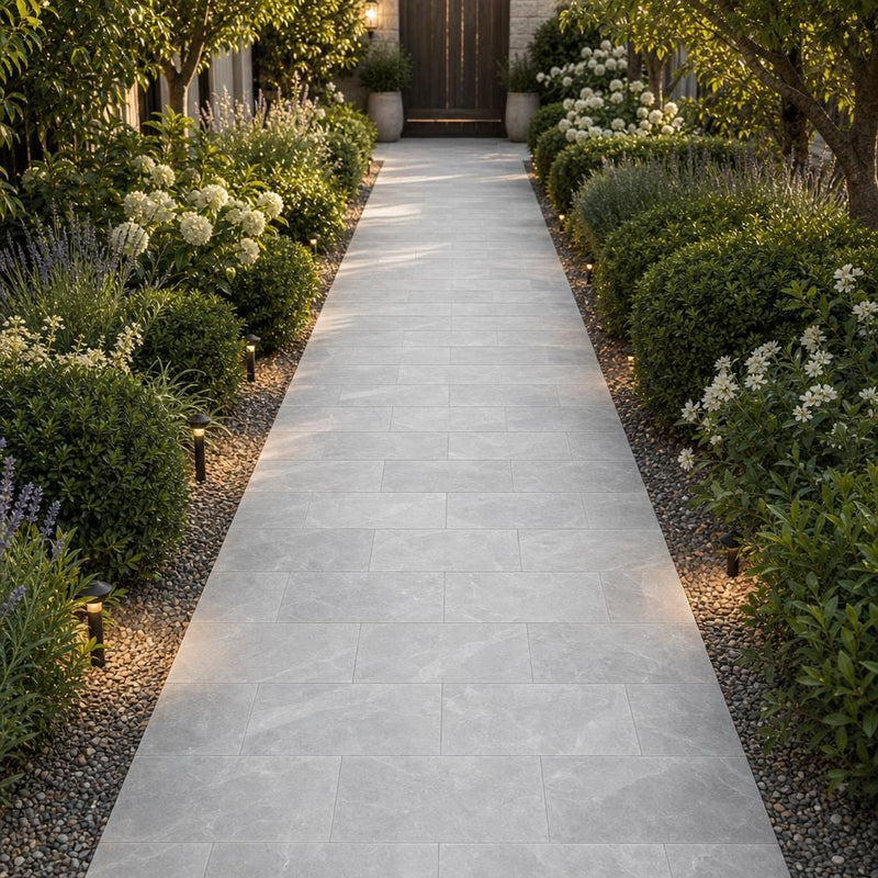 Icelandic Blue Sky 6x12 Sandblasted Marble Paver — Garden path