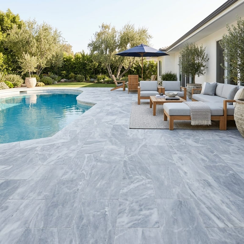 Icelandic Blue Sky Marble Paver 12x24 Tumbled 10 cm — Backyard pool deck
