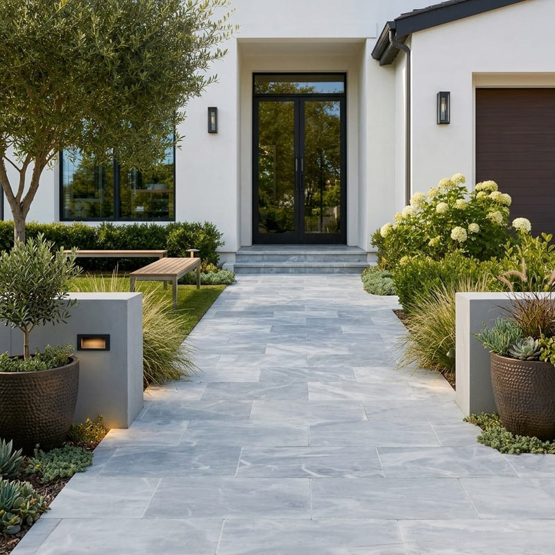 Icelandic Blue Sky Marble Paver 12x24 Tumbled 10 cm — Front Yard walkway