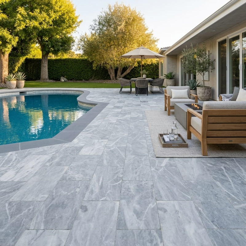 Icelandic Blue Sky Marble Paver 12x24 Tumbled 2 inch — Backyard pool deck