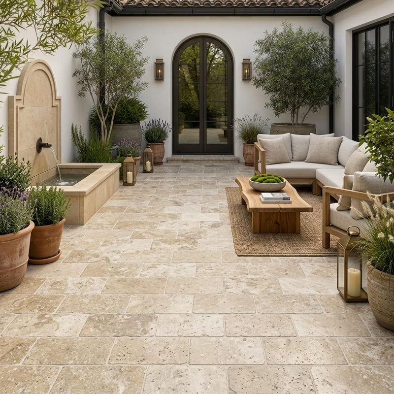 Blue Sky Marble Paver, Icelandic, 6x12 Tumbled, 1.25 in — Courtyard paving
