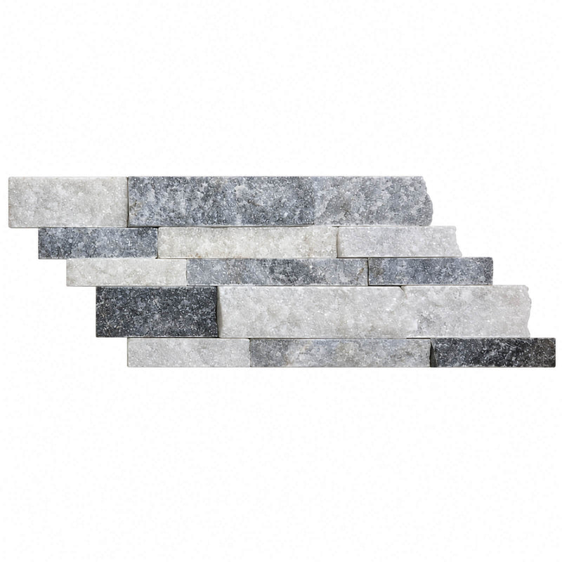 Icelandic Lusso 7x19.75 split-face marble LedPanel with staggered white, gray, and charcoal stone strips on a white background.