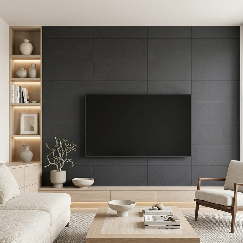 Inca Gray Basalt Tile 12x24 Honed — Living Room feature wall