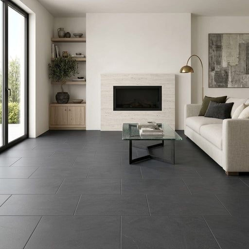 Inca Gray Basalt Tile 12x24 Honed — Living Room floor