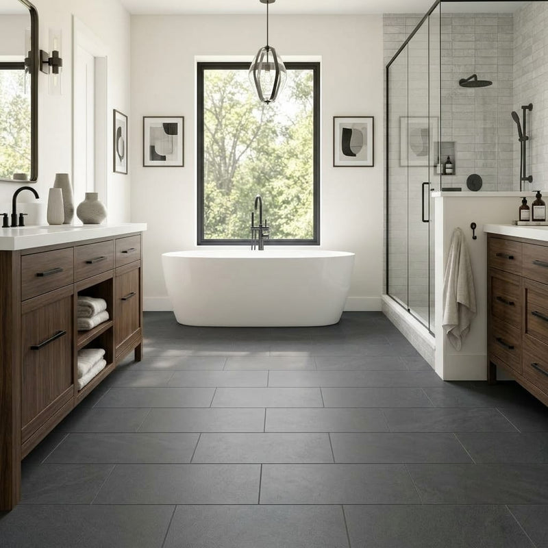 Inca Gray Basalt Tile 12x24 Honed — Primary Bath floor